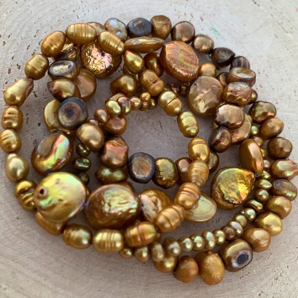 Natural Gold Bronze Cultured Freshwater Pearl Mixed Bead Bracelet Stack - Picture 10 of 11